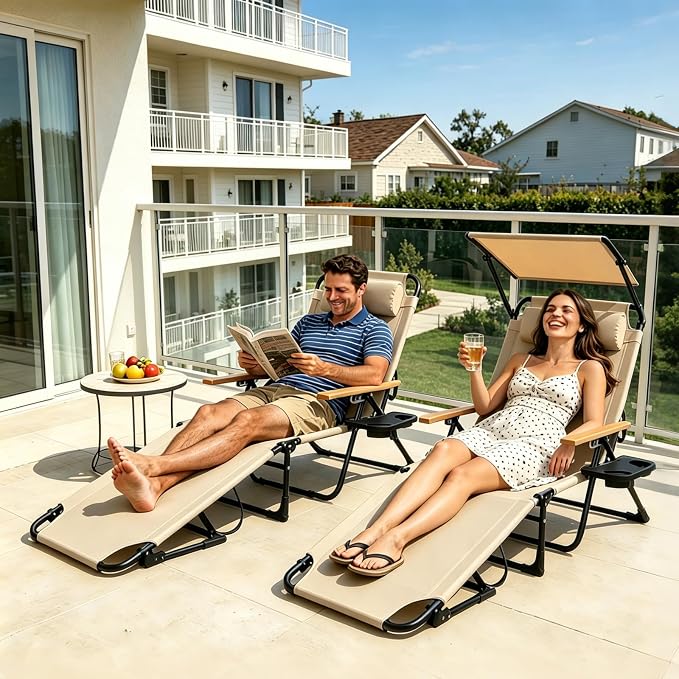 Foldable Chaise Lounge Chair Outdoor, Tanning Chair with 4-Position Reclining Back, Folding Sun Lounger, Outdoor Lounge Chair for Beach, Poolside, Backyard, Camping, UPF 50+, 300 LBS