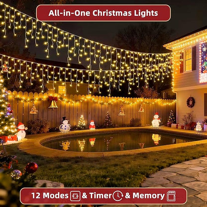 504 LED Christmas Lights Outdoor 50FT with 112 Drops, Christmas Decorations Hanging Lights 12 Modes, Dimmable Outsite Fairy String Lights for Wedding Party Holiday Winter Wonderland Decor Warm White