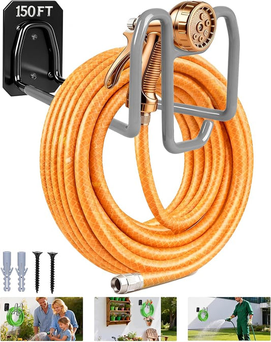 Garden Hose Holder with Hook - Heavy Duty Garden Hose Hanger with Sprayer Storage Design, Wall Mount Water Hose Storage for Outside Yard Lawn and Garage