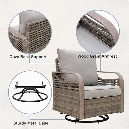 COOS BAY Modern Wicker Outdoor Furniture Set, Patio Conversation Set with Swivel Rockers, 2 Seat Loveseat, Coffee Table and Side Table, 5 Piece, Brown/Gray