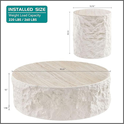 kevinplus Round Coffee Table Side End Table Set of 2 for Living Room, Modern Faux Stone Style, Fiberglass Material, No Assembly (Beige, 2-Pcs)