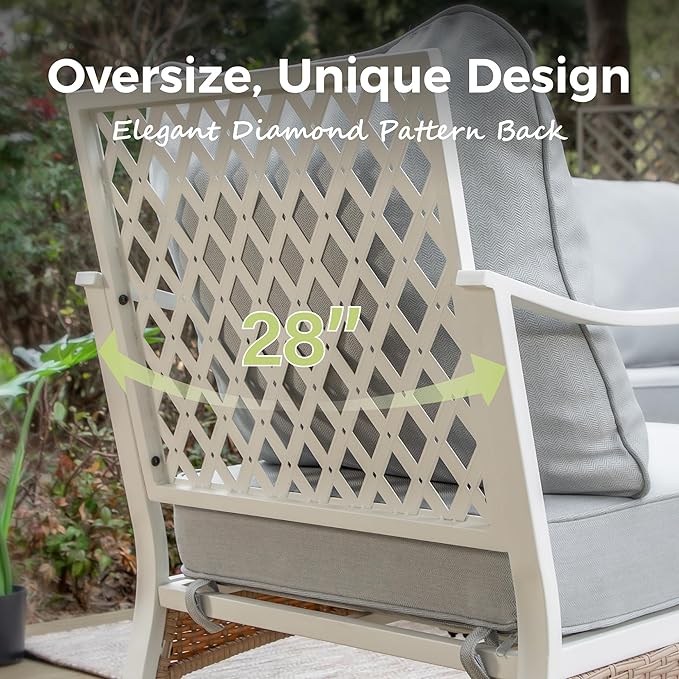 6 Piece Patio Furniture Set, 2 x Fixed Chair, 2 x Rocking Chair, 1 x 3-Seat Sofa with Marbling Coffee Table, 7 Seats Outdoor Conversation Set for Lawn Garden Backyard, Light Gray
