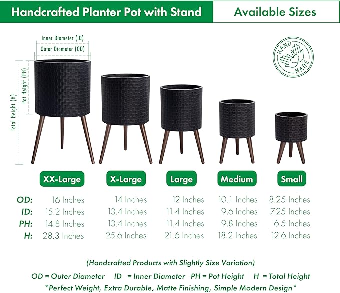 D'vine Dev 16 Inch Modern Geometric Tile Patterned Sleek Planter Pot with Stand, Indoor Outdoor Decorative Plant Holder, Distressed Black, 88-Z-E-5