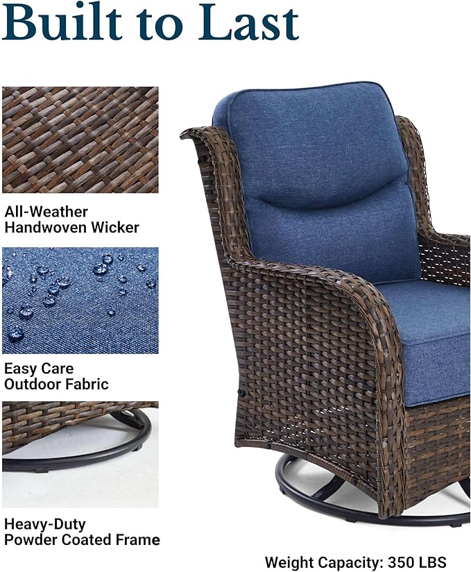 HILLGA Luxury Patio Furniture Set with 6-Inch Thick Cushions, High Back Outdoor Swivel Rocker Chairs and Ottoman, 5-Piece All Weather Conversation Set for Porch Deck Balcony Yard, Blue (V3)