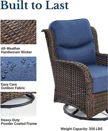 HILLGA Luxury Patio Furniture Set with 6-Inch Thick Cushions, High Back Outdoor Swivel Rocker Chairs and Table, 6-Piece All Weather Conversation Set for Porch Deck Balcony Yard, Blue (V3)