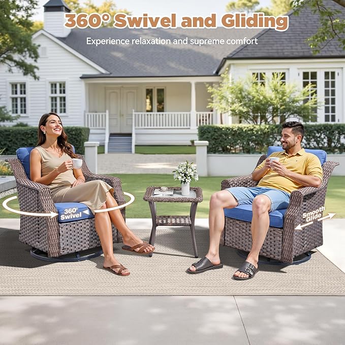Patio Wicker Chairs Swivel Rocker-Outdoor Swivel Rocker Chair Set of 2 with All Weather Wicker Glider Rocker Set, PE Rattan Swivel Rocking Chair with Side Table for Yard Balcony Deck Porch Brown/Blue