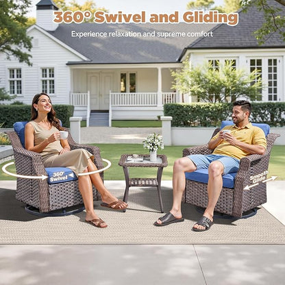 Patio Wicker Chairs Swivel Rocker-Outdoor Swivel Rocker Chair Set of 2 with All Weather Wicker Glider Rocker Set, PE Rattan Swivel Rocking Chair with Side Table for Yard Balcony Deck Porch Brown/Blue
