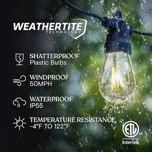 Brightech Ambience Pro Solar Powered Outdoor String Lights, 48ft Remote Control Commercial Grade Waterproof Patio Lights, 15 Edison Bulbs, Shatterproof LED String Lights for Outside - 1W Soft White