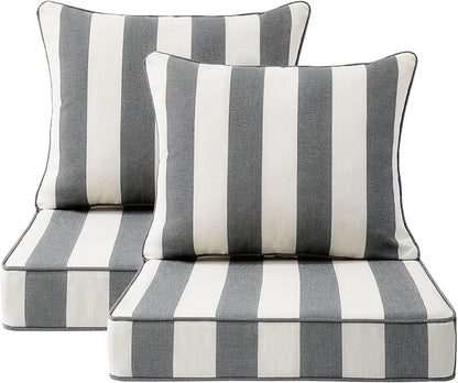 Outdoor Patio Chair Cushions Set, 24" x 24", Set of 2, Water-Repellent, Fade Resistant, Deep Seat Bottom and Back Cushion for Backyard, Couch, Sofa and Patio Furniture, Gray Stripe