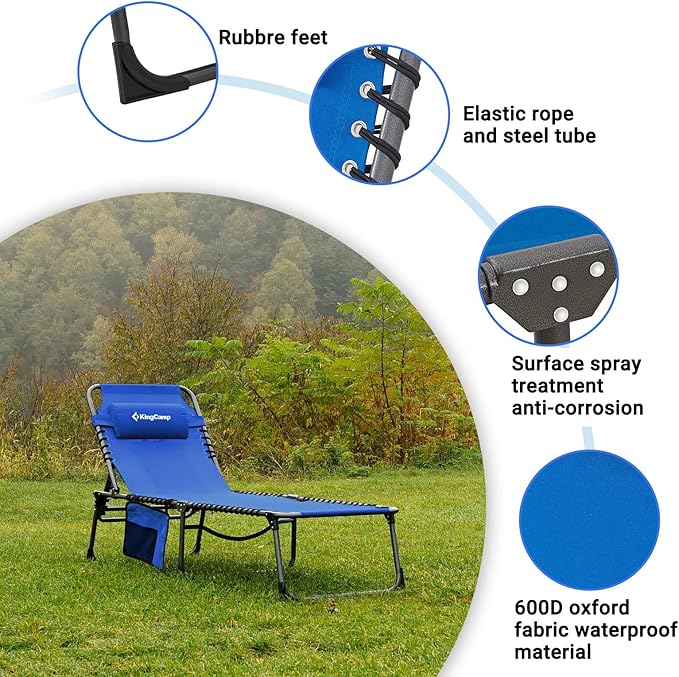 KingCamp Lounge Chair Outdoor, Folding Portable Tanning Chairs Comfy Adjustable 5-Position Lay Flat Foldable Chaise Chaser Lounger with Pillow for Outside Beach Patio Sun Bathing Pool Backyard, Blue