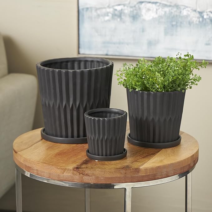 Deco 79 Ceramic Indoor Outdoor Planter Ribbed Large Planter Pot with Attached Saucer, Set of 3 Planters 8",6",5" H, Black