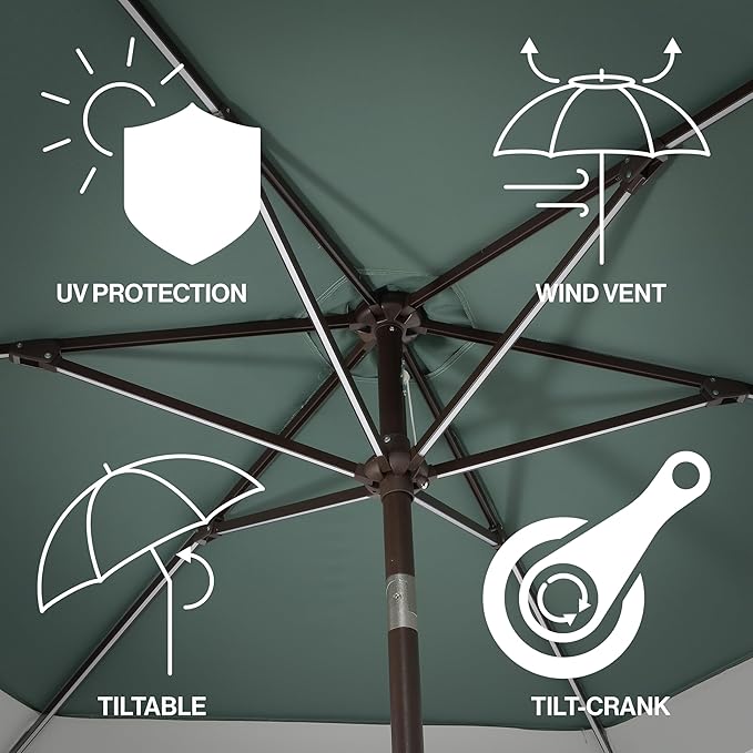 JONATHAN Y UMB1100E Spencer 9 ft. Classic Coastal 2-Tone Solar LED Market Patio Umbrella with 12 LED Strip Lights, Auto-Tilt, Crank Protection in Green/White