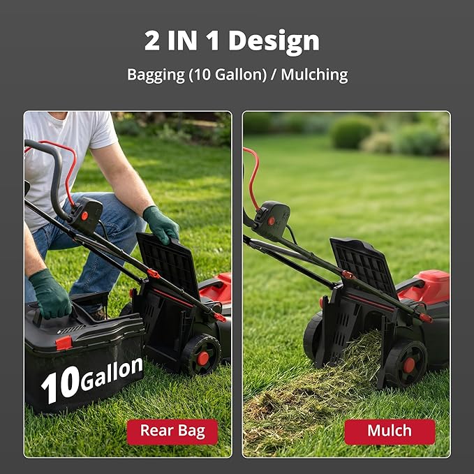 AMERISUN 14-Inch 2IN1 Electric Lawn Mower, 12.5 Amp 3400RPM Corded Push Mower with 6-Position Height Adjustment, 10-Gallon Grass Catcher & Mulching Kit, Lightweight Lawn Mower for Small/Medium Yards