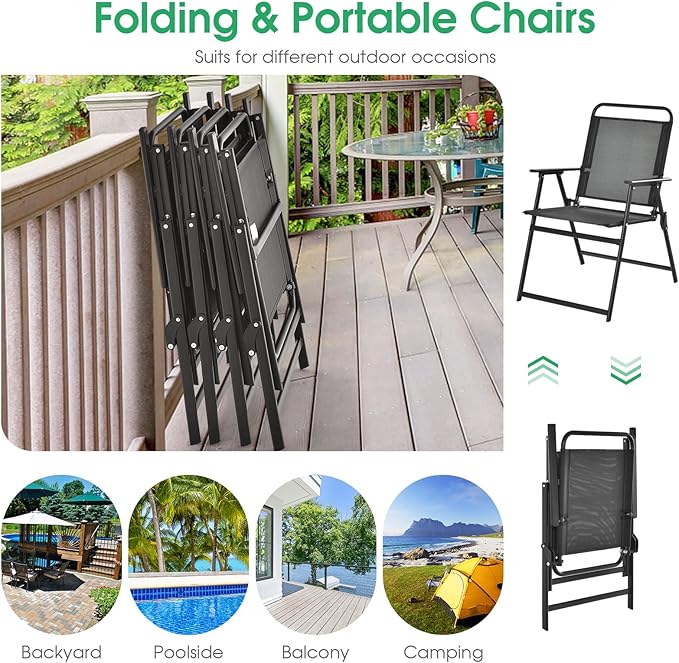 Tangkula Outdoor Folding Chairs Set of 6, Patio Dining Chairs with Breathable Seat & Cozy Armrests, Heavy-Duty Metal Frame, Portable Lawn Chairs for Backyard, Porch, Camping (6, Black)