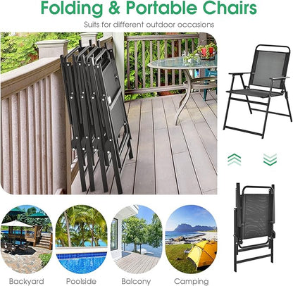 Tangkula Outdoor Folding Chairs Set of 6, Patio Dining Chairs with Breathable Seat & Cozy Armrests, Heavy-Duty Metal Frame, Portable Lawn Chairs for Backyard, Porch, Camping (6, Black)