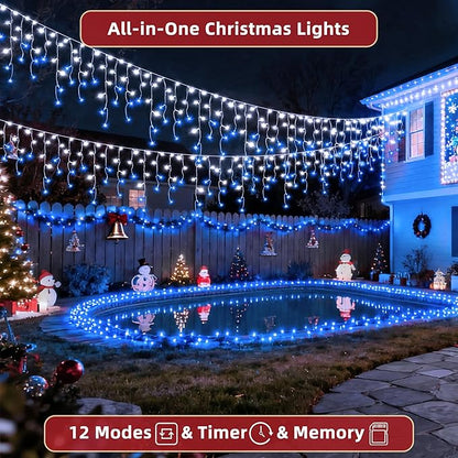 504 LED Christmas Lights Outdoor 50FT with 112 Drops, Christmas Decorations Hanging Lights 12 Modes, Dimmable Outsite Fairy String Lights for Wedding Party Holiday Winter Wonderland Decor Blue & White