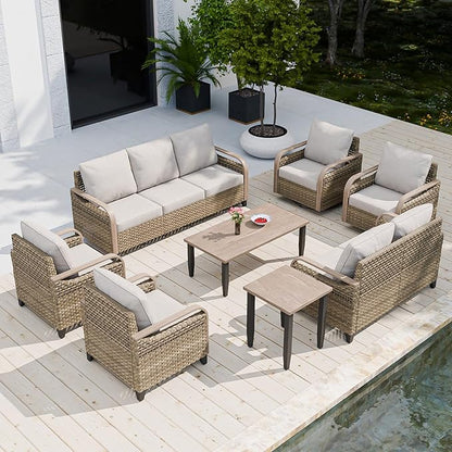 COOS BAY Modern Wicker Outdoor Furniture Set, Patio Conversation Set with Swivel Rockers, Patio Chairs, 3 Seat Couch, Loveseat, Coffee Table and Side Table, 8 Piece, Brown/Gray