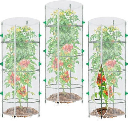 3 Pack Garden Netting for Round Plant Cage, 55" x 15" Tomato Cage Bird Netting Mesh Plant Cover with Zipper, Tomato Trellis Pest Barrier Garden Protection Net Cover for Climbing Plants Vegetables
