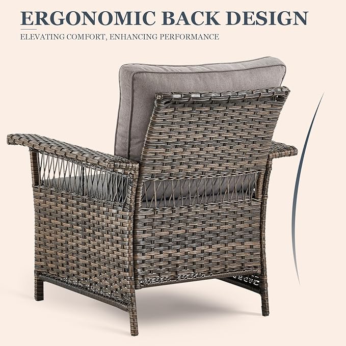 Patio Furniture Set 2 Wicker Patio Chairs with 2 PE Rattan Ottomans Brown Wicker Grey Cushions Patio Conversation Set 4pcs for Garden Balcony Sunroom Backyard Poolside