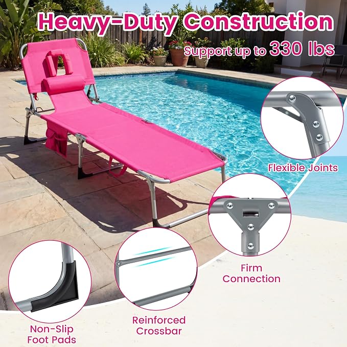Goplus Tanning Chair, Folding Adjustable Patio Lounge Chair with Face Hole, Removable Pillow, 330LBS, Carry Strap, Outdoor Sunbathing Chair, Lightweight Portable Beach Lounge Chair, No Assembly