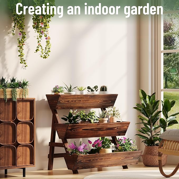 Vertical Wooden Raised Garden Bed, Garden Planters Freestanding Wood Plant Stand Flower Rack Wooden Planter Box for Plants Herbs Flowers Vegetables Outdoor Indoor Gardening (3-Tier Large Carbonized)
