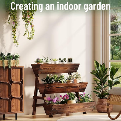 Vertical Wooden Raised Garden Bed, Garden Planters Freestanding Wood Plant Stand Flower Rack Wooden Planter Box for Plants Herbs Flowers Vegetables Outdoor Indoor Gardening (3-Tier Large Carbonized)