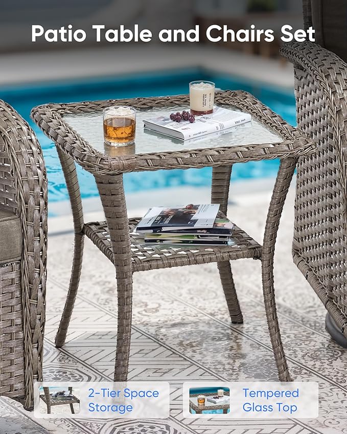 3 Pieces Patio Bistro Set Outdoor Swivel Rocker Patio Chairs with Side Table Patio Furniture for Deck Porch Garden Balcony Poolside-Grey/Grey
