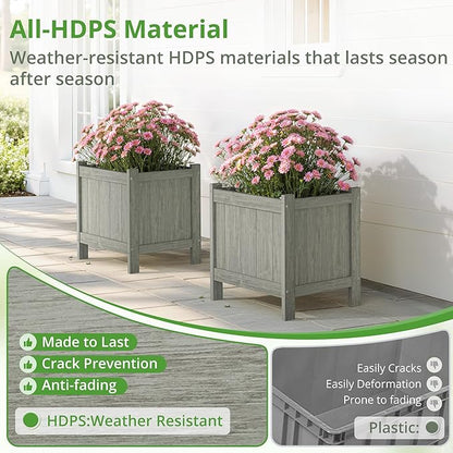 LUE BONA Outdoor Plant Pots Set of 2, 13.7" x 12.5" x 14.5" HDPS Flower Pots with Drainage Holes, Outdoor Planter Box for Outdoor Plants - Porch Patio, Garden or Entryway, Light Gray-Oil Printed
