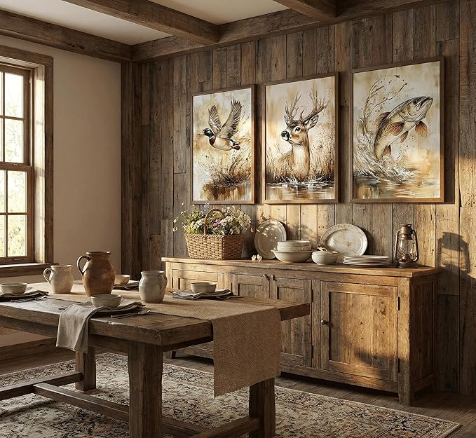 3Pcs Rustic Outdoor Wildlife Canvas Wall Art,Watercolor Deer Duck And Fish Posters Prints,Vintage Farmhouse Hunting Wall Decor Pictures,for Living Room Bathroom Kitche Home Decoration