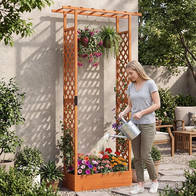 S AFSTAR Raised Garden Bed with Trellis, 2 Pieces Fir Wood Planter Box with Flat Roof & Drainage Holes, Vertical Planter Raised Bed for Climbing Plants, Flowers & Vegetables, 43" x 14" x 89" (Orange)