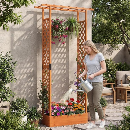 S AFSTAR Raised Garden Bed with Trellis, 2-in-1 Fir Wood Planter Box with Flat Roof & Drainage Holes, Vertical Planter Raised Bed for Climbing Plants, Flowers & Vegetables, 43" x 14" x 89" (Orange)