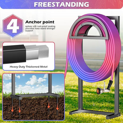 OLV Hose Holder Holds 150-ft Water Pipe, Outdoor Freestanding Heavy Duty Water Hose Holder Reel with 4 Spikes, Detachable Metal Hose Storage Stand Hanger Rack for Outside Yard Lawn Farm, Black