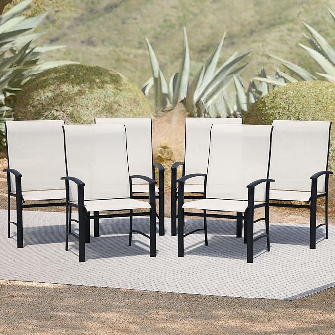 Patio Dining Chairs Set of 6, Outdoor Dining Chairs with High Back, Metal Outdoor Chair Set with Comfort and Durability, Patio Chair for Deck Lawn Kitchen Garden Backyard, Oyster Beige
