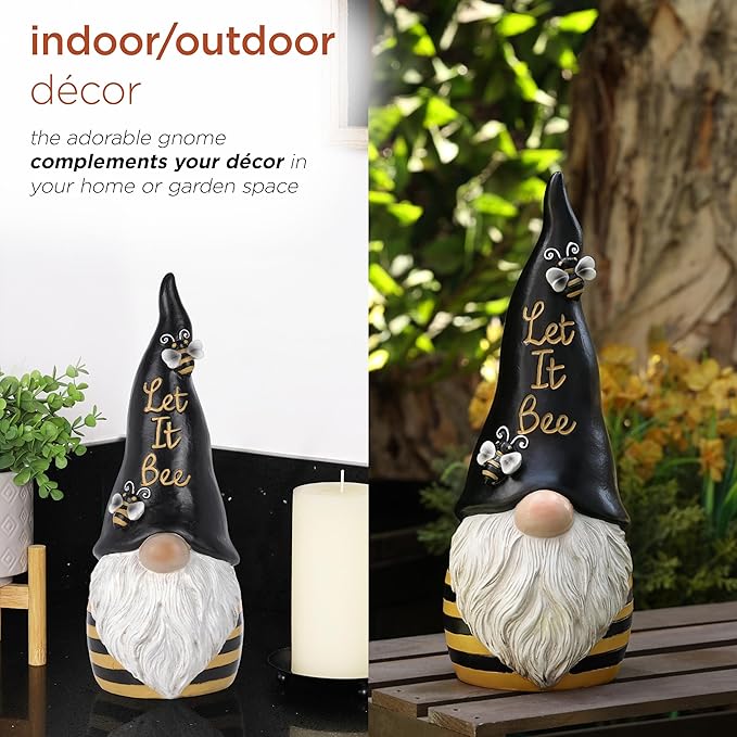Alpine Corporation 12" H Let It Bee Indoor/Outdoor Garden Gnome Statue, Black/Yellow