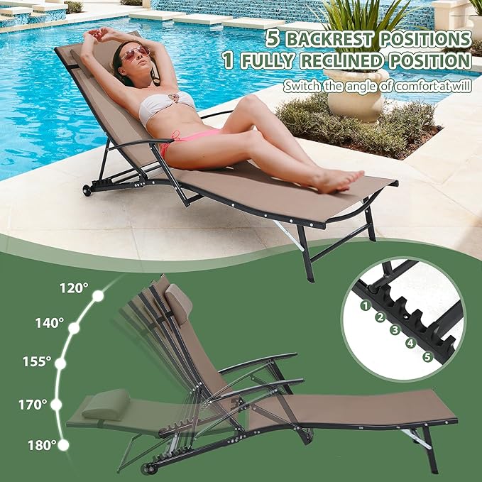 Nice C Patio Chaise Lounge with Wheel, Outdoor Lounge with Armrest for Pool, 5 Reclining Positions, with Rolling Wheel for Poolside, Beach, Backyard, Patio (1 Pack, Beige)