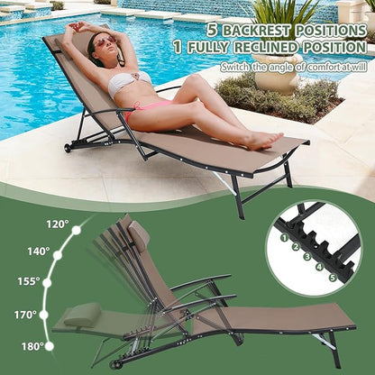 Nice C Patio Chaise Lounge with Wheel, Outdoor Lounge with Armrest for Pool, 5 Reclining Positions, with Rolling Wheel for Poolside, Beach, Backyard, Patio (1 Pack, Beige)