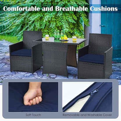 HAPPYGRILL 3 Pieces Outdoor Wicker Bistro Set PE Rattan Dining Table Set with Cushioned Chairs, Patio Conversation Set for Backyard Porch Garden and Poolside
