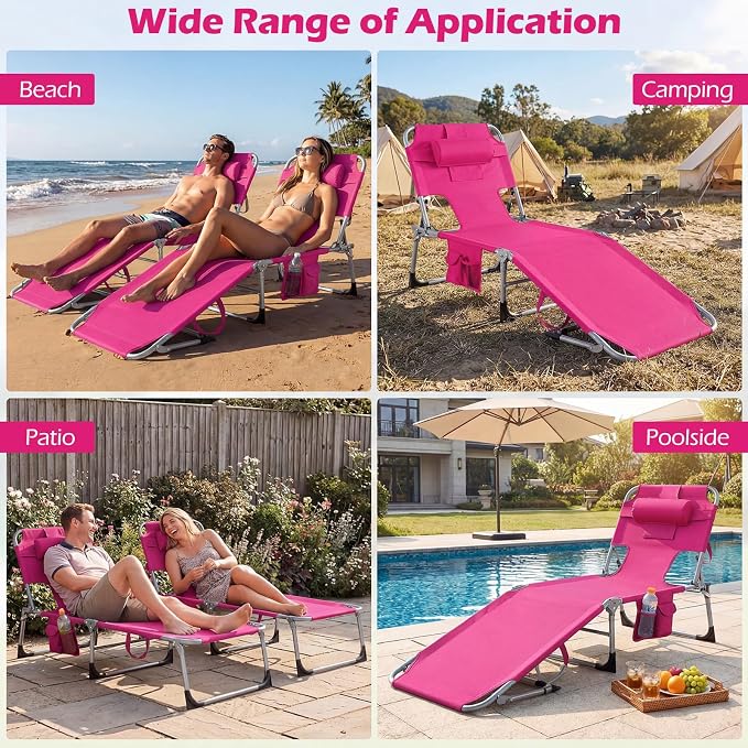 GYMAX Tanning Chair with Face Hole, Sun Bathing Lounge Chairs for Outside with Side Pocket, Folding Portable Face Down Layout Tanning Chair Beach, Backyard, Poolside, Lawn (Pink,1)
