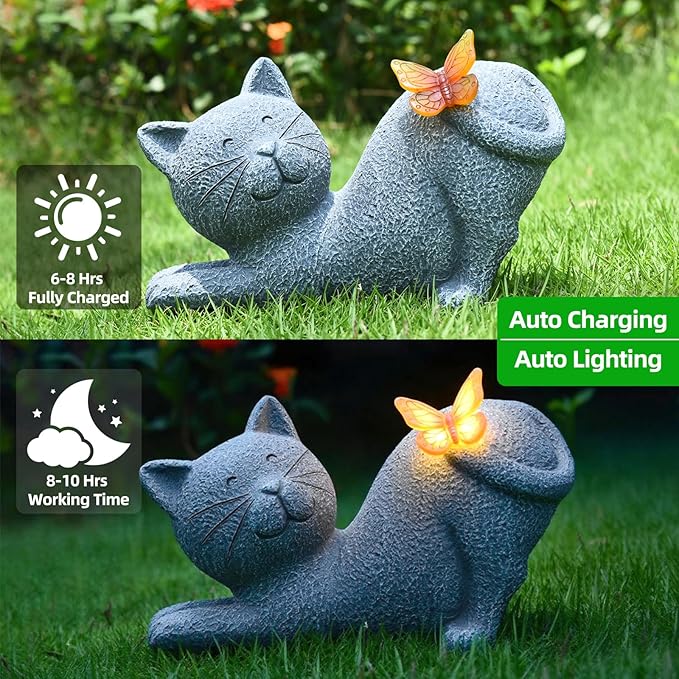 Solar Garden Statue with Glowing Butterfly, Outdoor Resin Cute Figurine with Solar Light, Waterproof Yard Decor for Patio, Lawn, Porch, and Unique Garden Gifts for Lovers (solar cat statue grey)