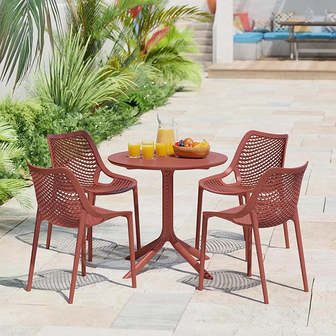 Costaelm Dining Table for 4 with Chair, HDPE Patio Round Dining Table and Stackable Chair, Outdoor Patio Furniture All Weather for Backyard Porch Poolside, Red