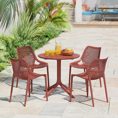 Costaelm Dining Table for 4 with Chair, HDPE Patio Round Dining Table and Stackable Chair, Outdoor Patio Furniture All Weather for Backyard Porch Poolside, Red