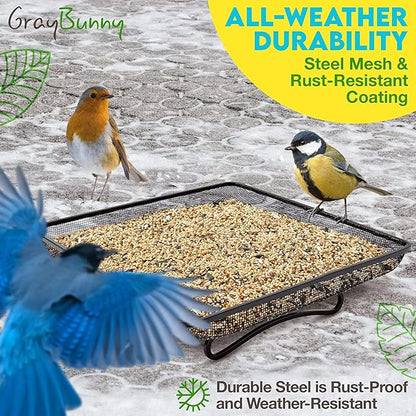 Ground Bird Feeder Tray for Outdoors (Metal) - Weather Resistant Platform Mesh Seed Tray for Wild Birds Squirrels Dove Cardinal Blue Jay Crows (11x11 in)