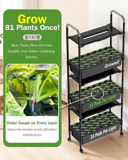 Large Hydroponics Growing System Kit, Vertical Indoor Herb Garden Kit with LED Grow Light & Independent Water Pump, 42L Movable Indoor Planter Perfect Gardening Gifts (3 Tier-81 Pods, Black)