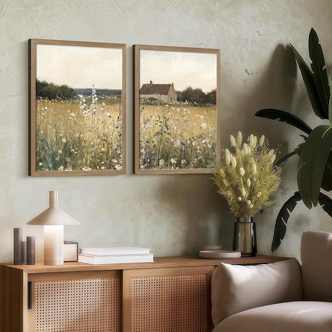 Two Framed Canvas Vintage Wildflower Wall Decor Country House and Wildflower Print Natural Botanical Landscape Wall Decor for Farmhouse Living Room or Bedroom 16x24 Inch