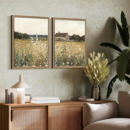 Two Framed Canvas Vintage Wildflower Wall Decor Country House and Wildflower Print Natural Botanical Landscape Wall Decor for Farmhouse Living Room or Bedroom 16x24 Inch