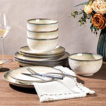 LERATIO Ceramic Dinnerware Sets for 4,Reactive Glaze Plates and Bowls Set with Mugs, Dishwasher,Microwave & Oven Safe Dishes set-Sage Ivory