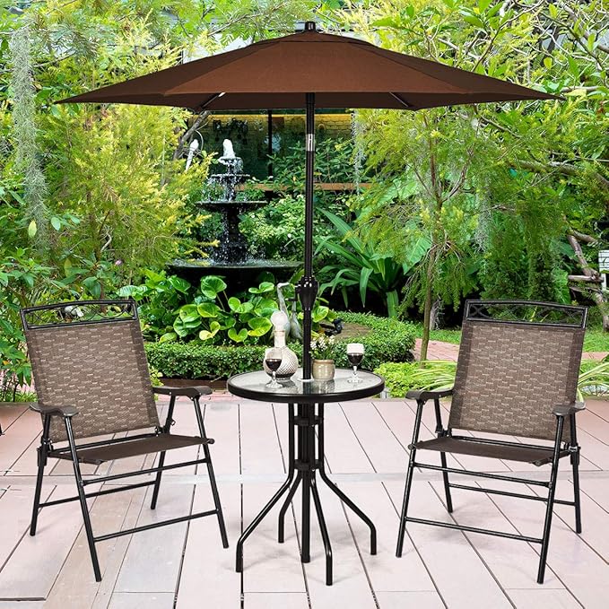 S AFSTAR 3-Piece Bistro Set, Patio Dining Furniture Set, Round Textured Glass Tabletop w/Umbrella Hole, Outdoor Conversation Set for Backyard Garden Poolside