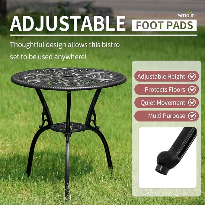 3 Piece Outdoor Bistro Set, Rustproof Outdoor Patio Furniture, Cast Aluminum Bistro Table Set with Umbrella Hole for Backyard, Balcony, Front Porch, Lawn, Pool (Black)