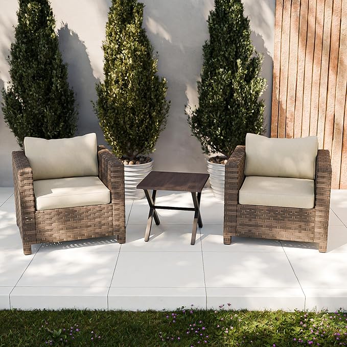 COOS BAY Lanai Chic 3 Piece Outdoor Bistro Set, Small Patio Conversation Set, Outdoor Patio Furniture, 2 Patio Chairs and Side Table, Brown/Beige