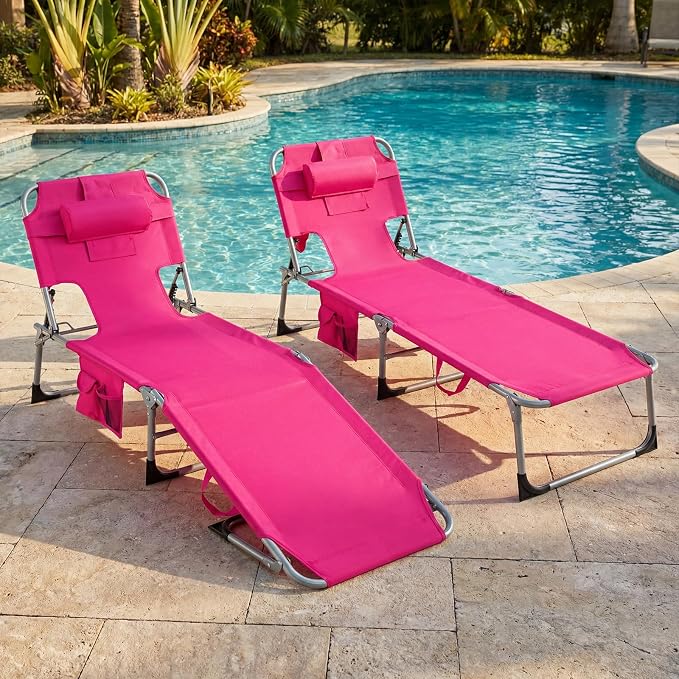 Goplus Tanning Chair, Folding Adjustable Patio Lounge Chair with Face Hole, Removable Pillow, 330LBS, Carry Strap, Outdoor Sunbathing Chair, Lightweight Portable Beach Lounge Chair, No Assembly